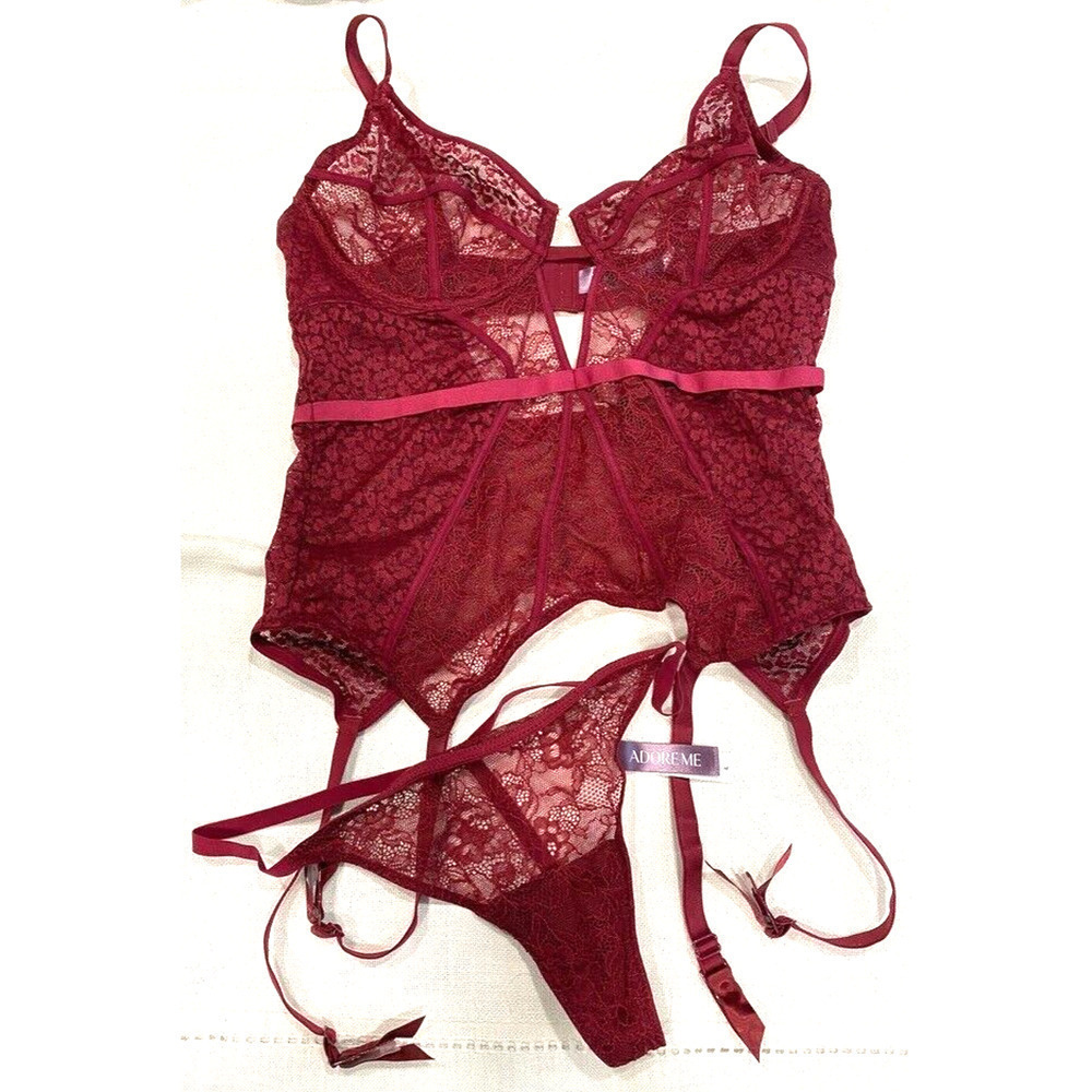 Adore Me - Corset Size 36C Maroon Lingerie Bustier Set Sheer Unlined Thong